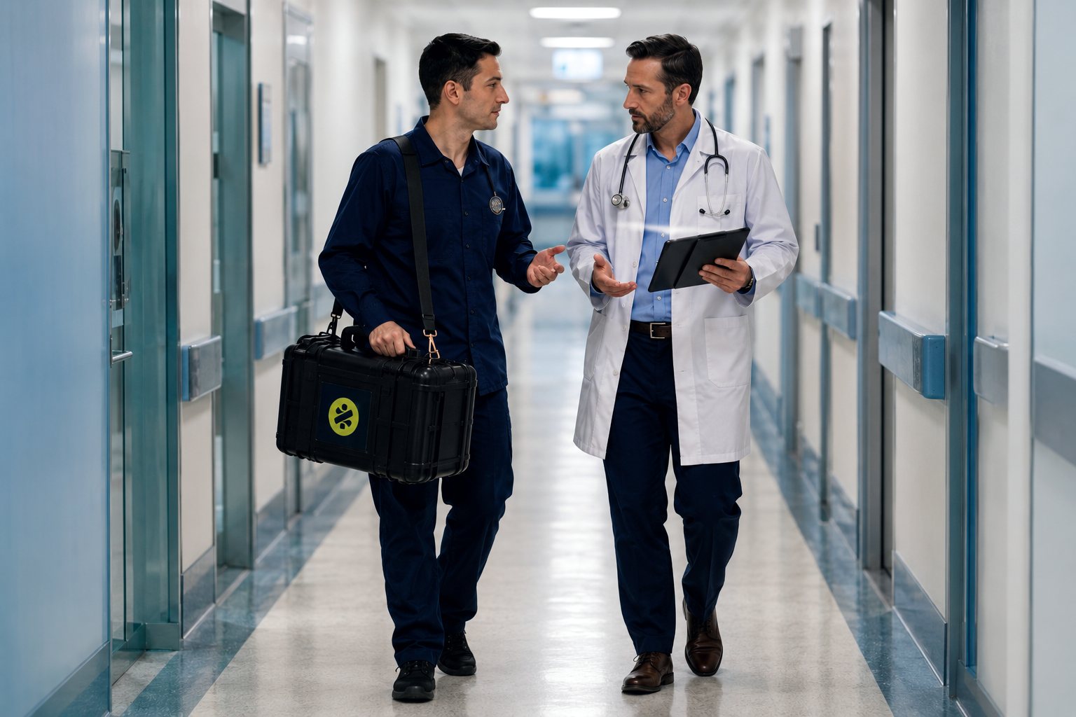 A ZipDoc technician and a partner physician walking a clinic corridor with the ZipDoc kit